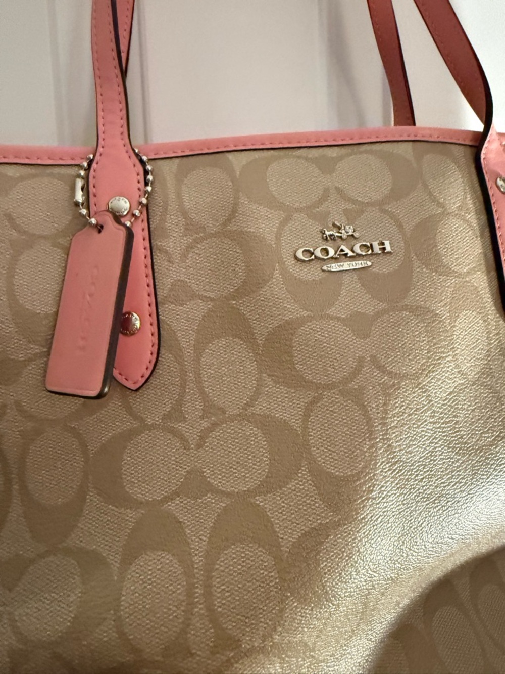 Coach Beige Signature Canvas Tote with Pink Trim - Picture 2 of 4